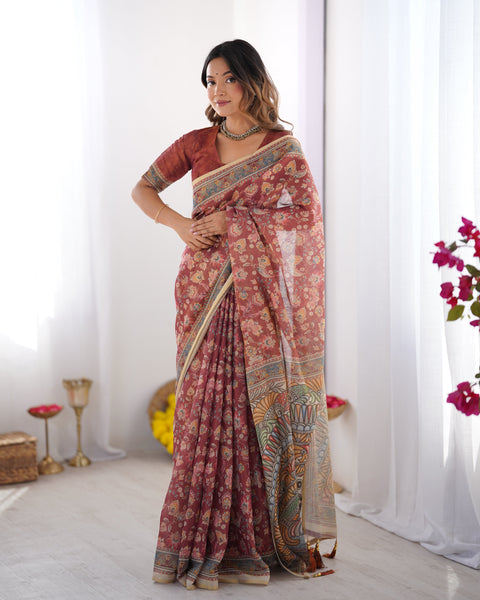Rust Maroon Handloom Cotton Saree with Floral Jaal & Multicolor Mandala Pallu Art LINEN HANDLOOM Main image