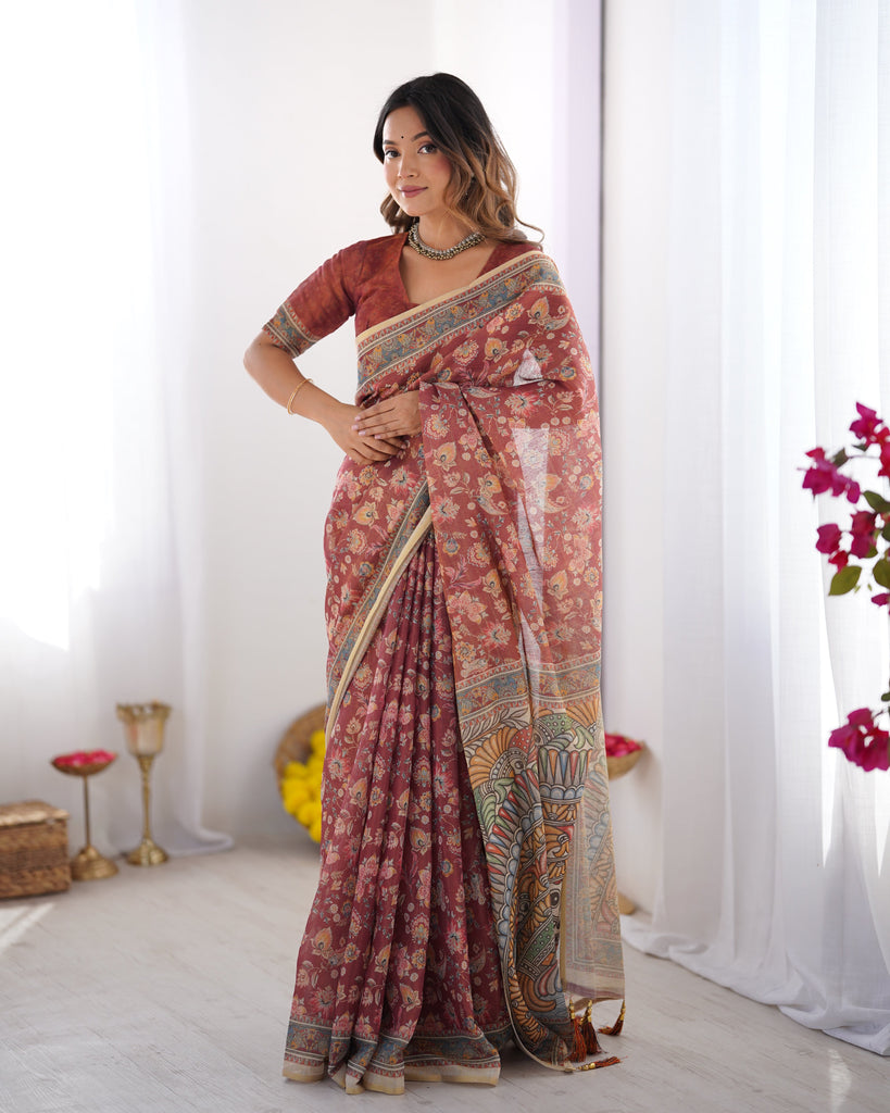 Rust Maroon Handloom Cotton Saree with Floral Jaal & Multicolor Mandala Pallu Art LINEN HANDLOOM