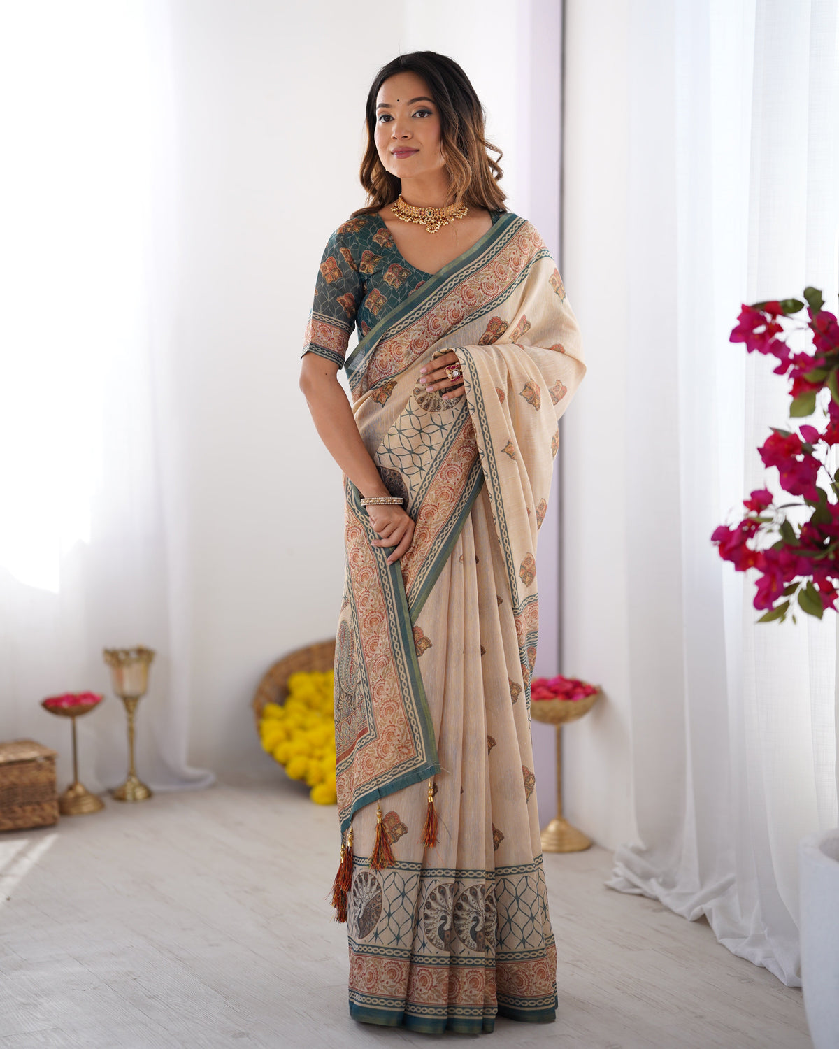Ivory & Teal Handloom Cotton Saree with Buti Print, Mandala Motifs & Peacock Pallu LINEN HANDLOOM Main image