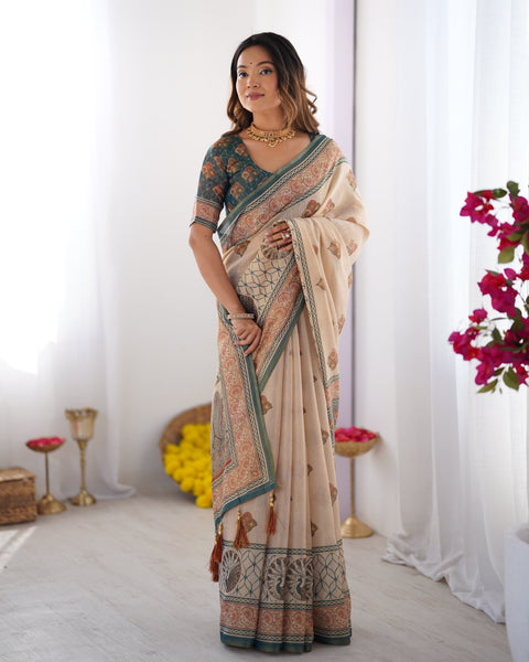 Ivory & Teal Handloom Cotton Saree with Buti Print, Mandala Motifs & Peacock Pallu LINEN HANDLOOM Main image