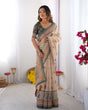 Load image into Gallery viewer, Ivory &amp; Teal Handloom Cotton Saree with Buti Print, Mandala Motifs &amp; Peacock Pallu LINEN HANDLOOM