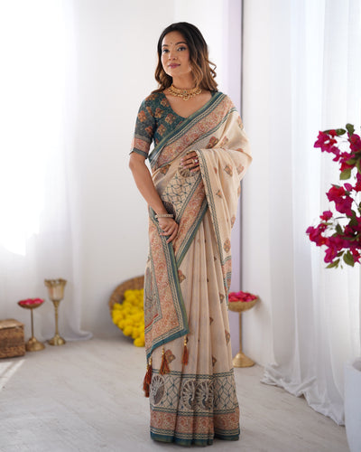 Ivory & Teal Handloom Cotton Saree with Buti Print, Mandala Motifs & Peacock Pallu LINEN HANDLOOM