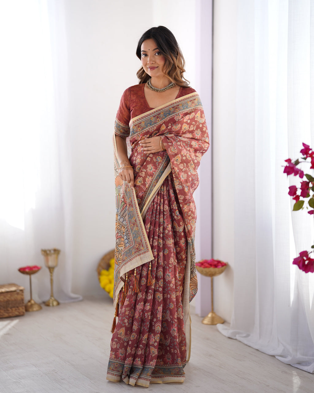Rust Maroon Handloom Cotton Saree with Floral Jaal & Multicolor Mandala Pallu Art LINEN HANDLOOM