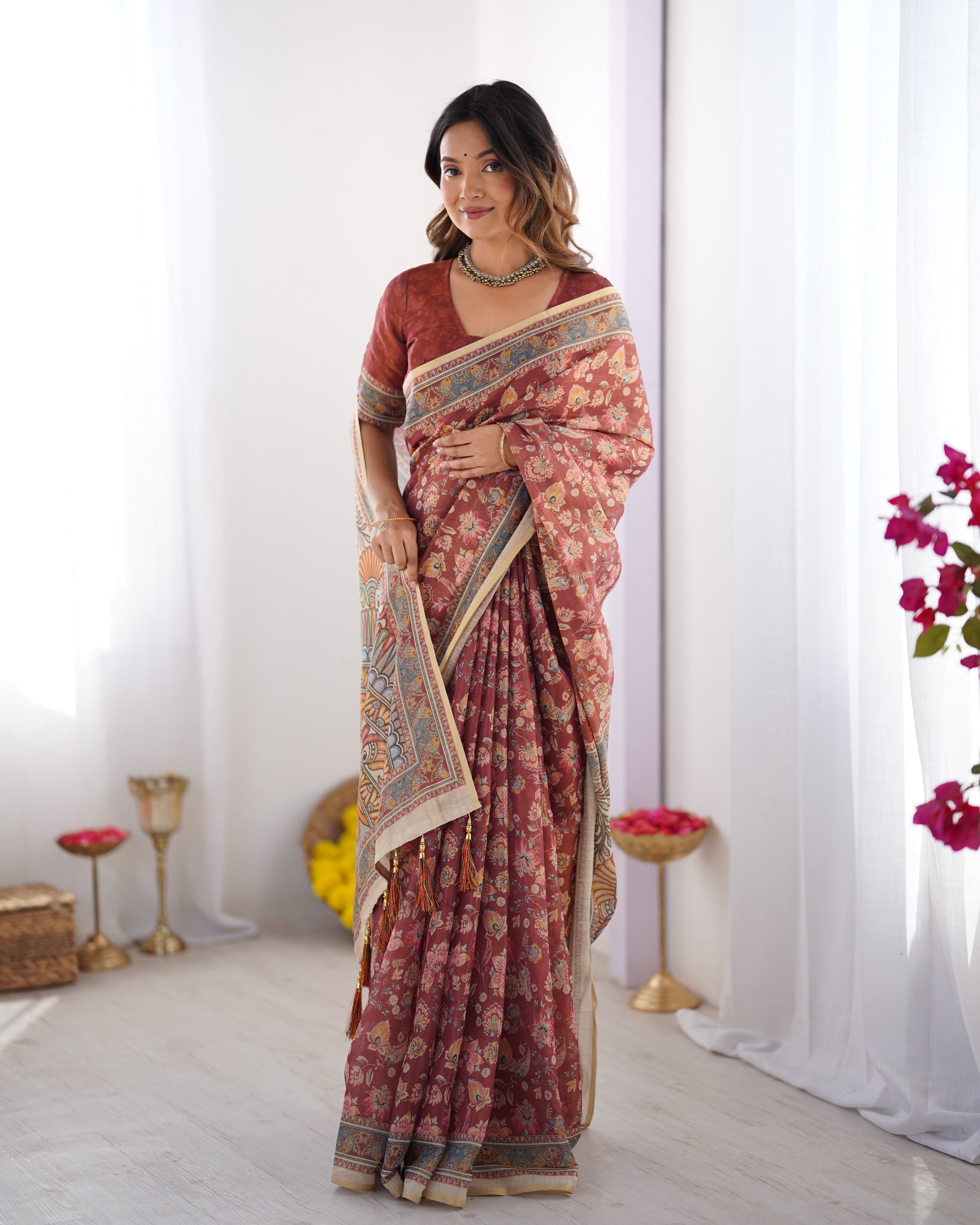 Rust Maroon Handloom Cotton Saree with Floral Jaal & Multicolor Mandala Pallu Art LINEN HANDLOOM
