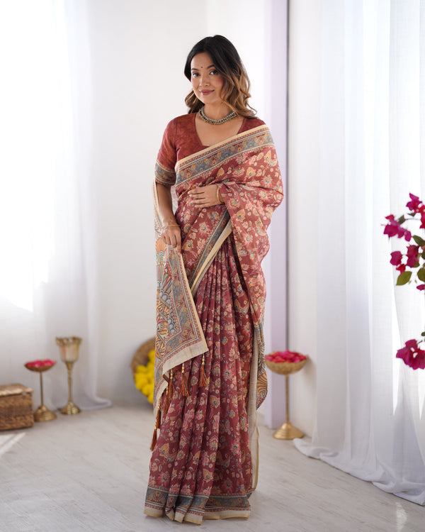 Rust Maroon Handloom Cotton Saree with Floral Jaal & Multicolor Mandala Pallu Art LINEN HANDLOOM