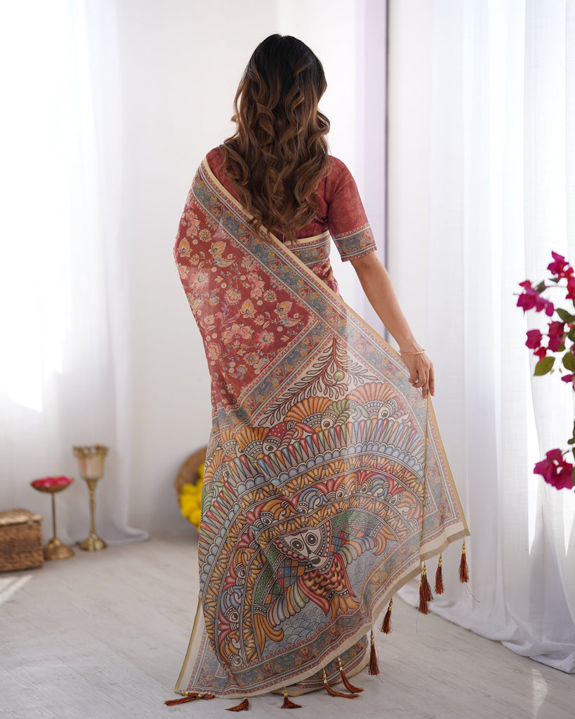 Rust Maroon Handloom Cotton Saree with Floral Jaal & Multicolor Mandala Pallu Art LINEN HANDLOOM