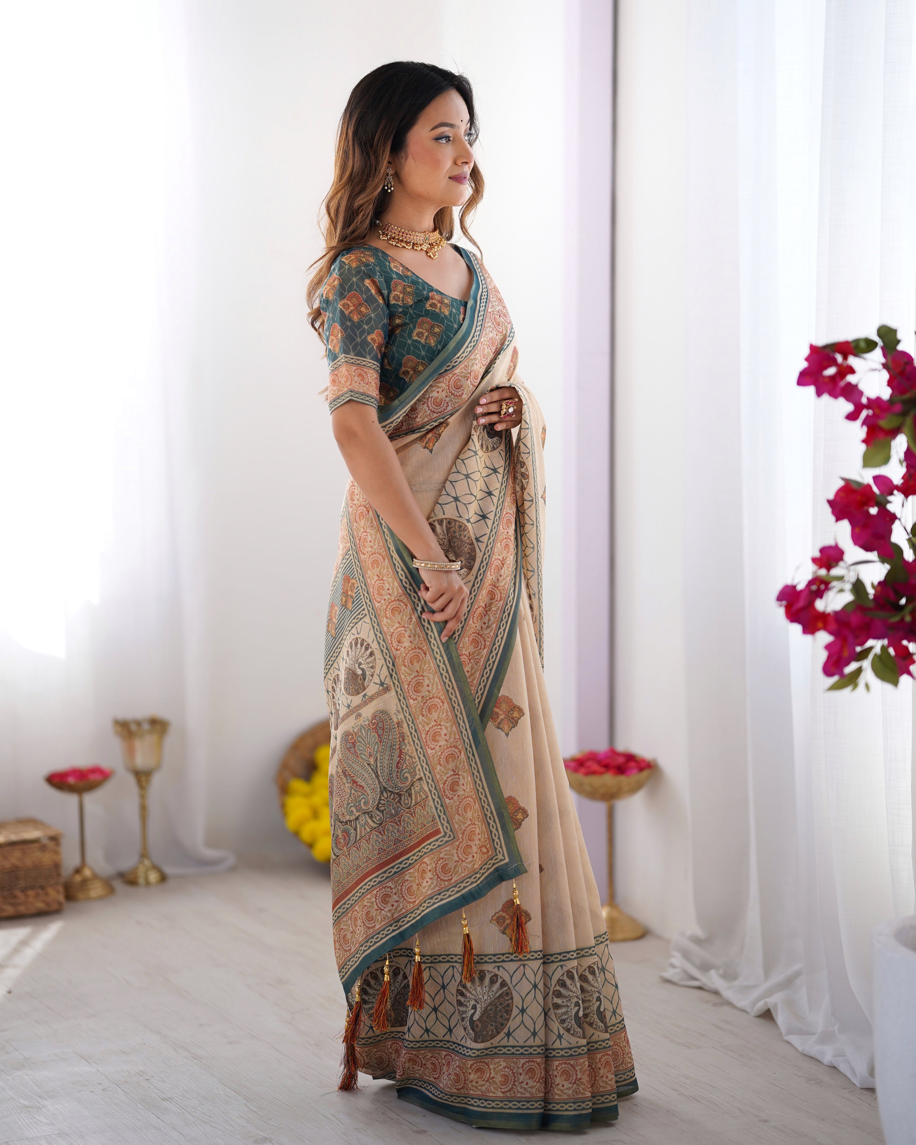 Ivory & Teal Handloom Cotton Saree with Buti Print, Mandala Motifs & Peacock Pallu LINEN HANDLOOM