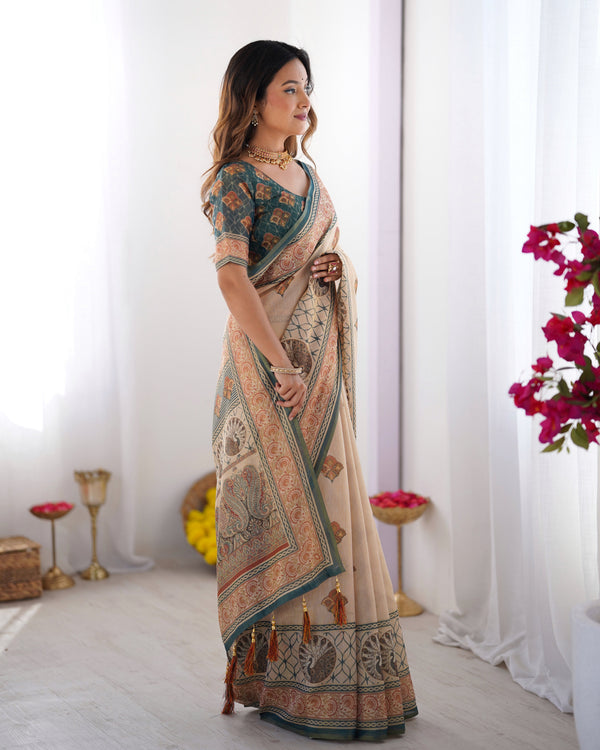 Ivory & Teal Handloom Cotton Saree with Buti Print, Mandala Motifs & Peacock Pallu LINEN HANDLOOM