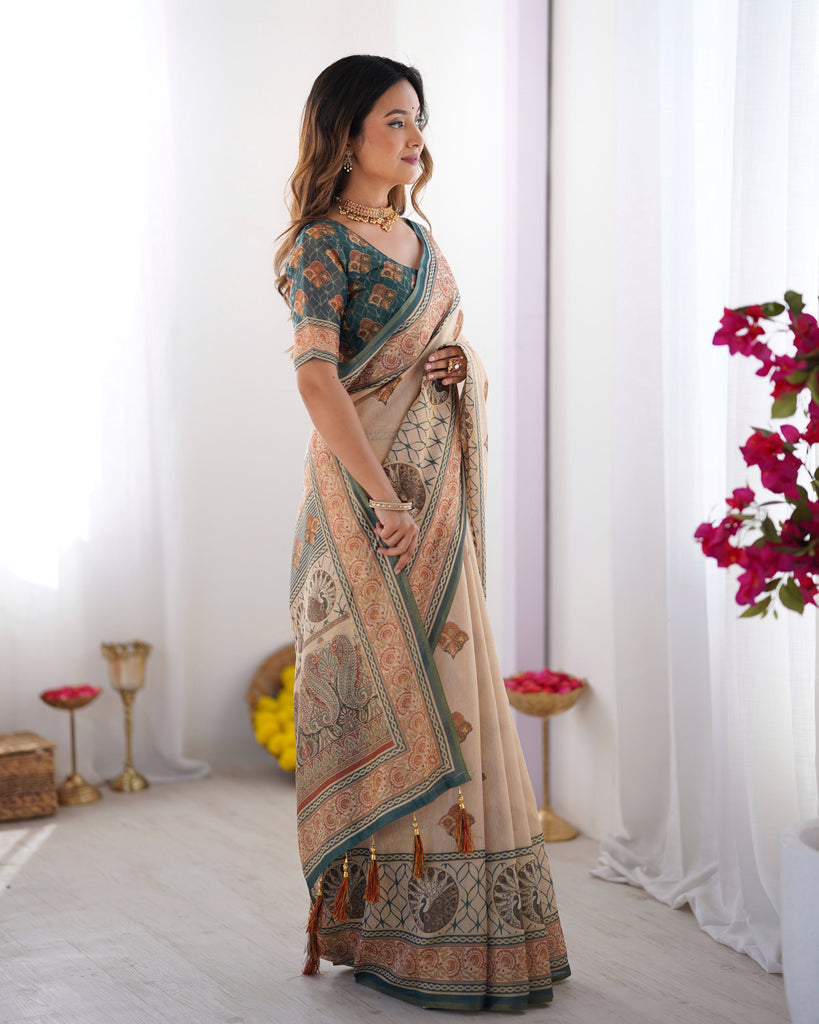 Ivory & Teal Handloom Cotton Saree with Buti Print, Mandala Motifs & Peacock Pallu LINEN HANDLOOM