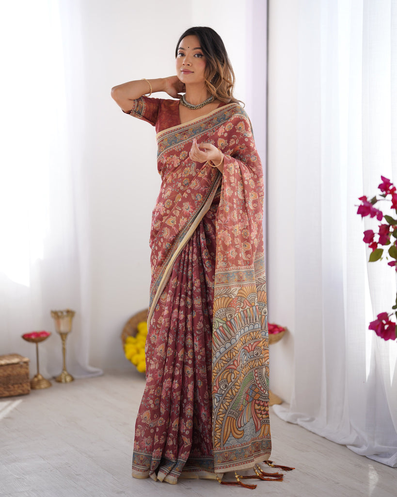 Rust Maroon Handloom Cotton Saree with Floral Jaal & Multicolor Mandala Pallu Art LINEN HANDLOOM