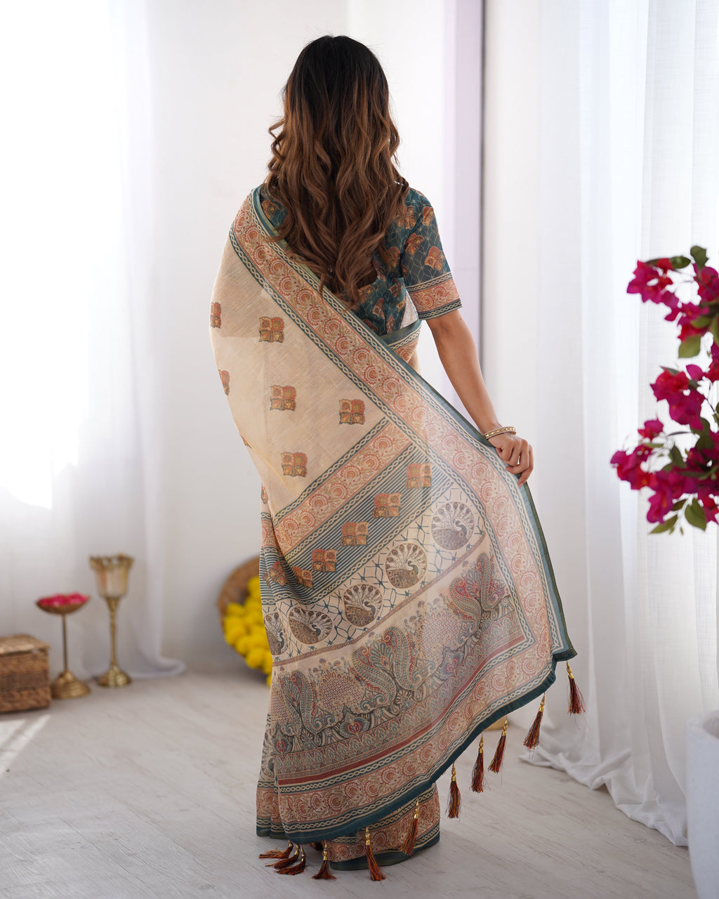 Ivory & Teal Handloom Cotton Saree with Buti Print, Mandala Motifs & Peacock Pallu LINEN HANDLOOM