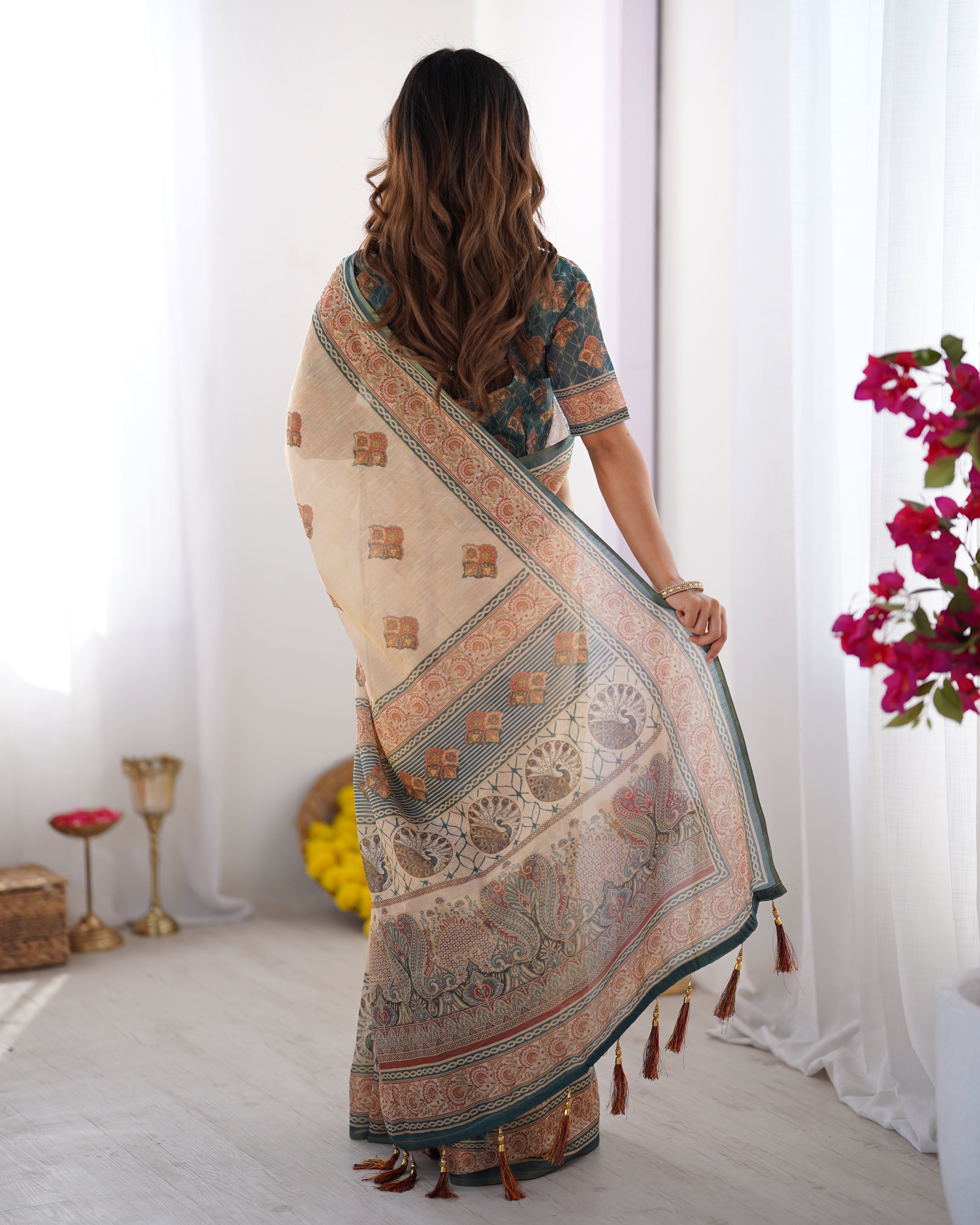 Ivory & Teal Handloom Cotton Saree with Buti Print, Mandala Motifs & Peacock Pallu LINEN HANDLOOM