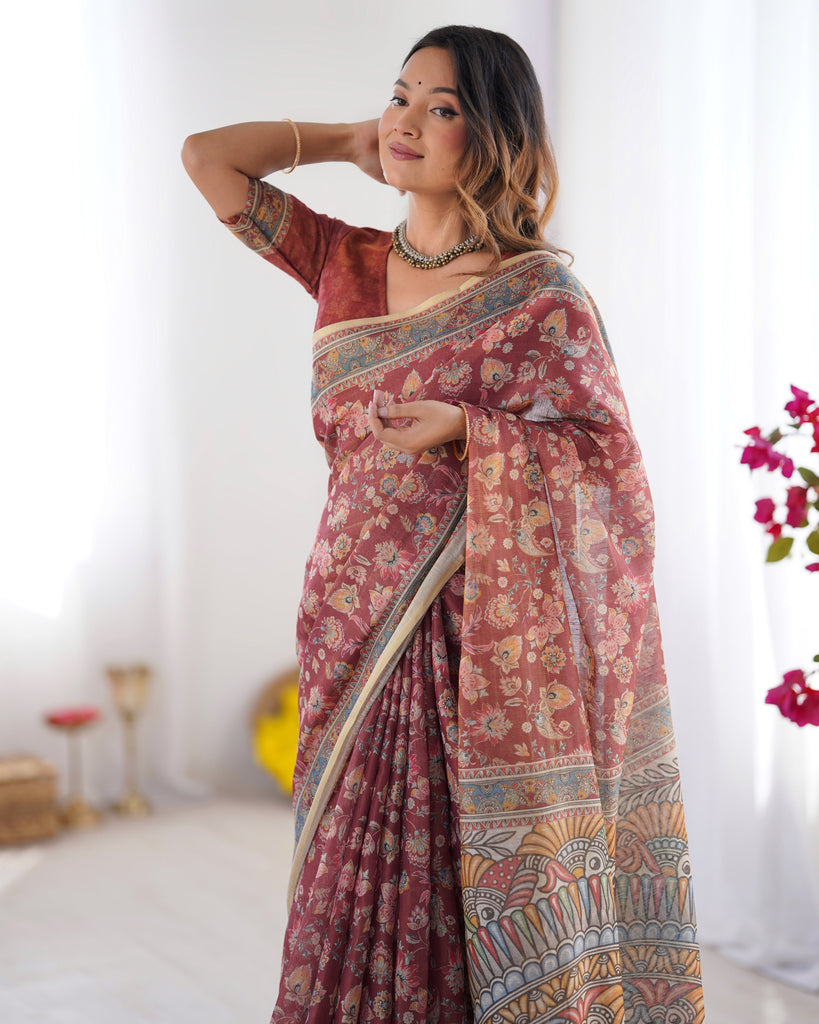 Rust Maroon Handloom Cotton Saree with Floral Jaal & Multicolor Mandala Pallu Art LINEN HANDLOOM