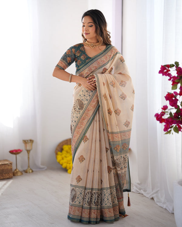Ivory & Teal Handloom Cotton Saree with Buti Print, Mandala Motifs & Peacock Pallu LINEN HANDLOOM