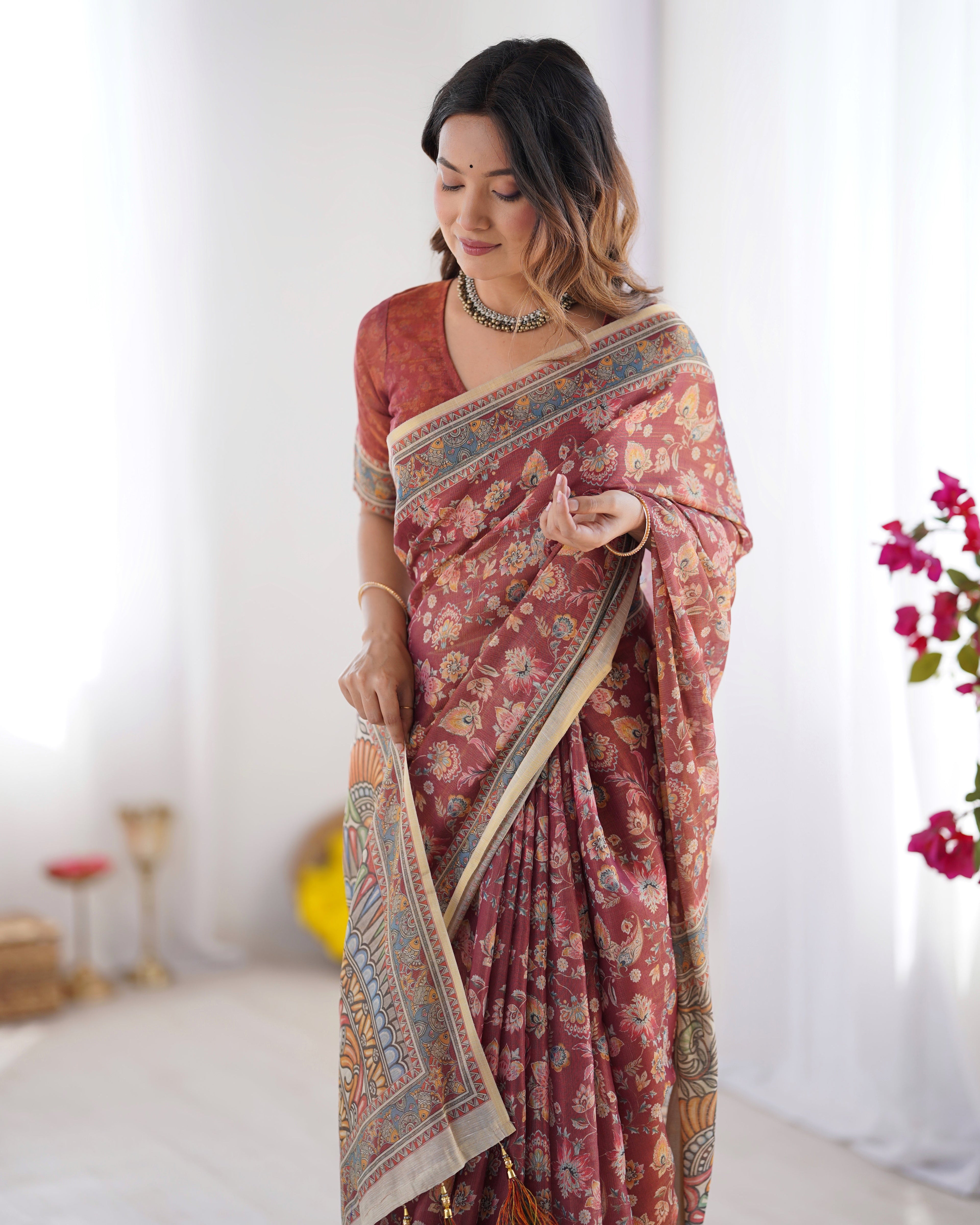 Rust Maroon Handloom Cotton Saree with Floral Jaal & Multicolor Mandala Pallu Art LINEN HANDLOOM