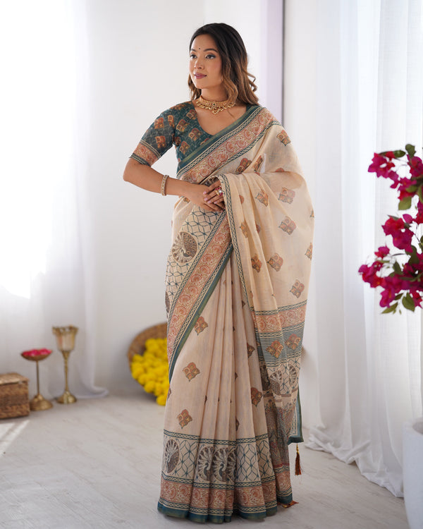 Ivory & Teal Handloom Cotton Saree with Buti Print, Mandala Motifs & Peacock Pallu LINEN HANDLOOM