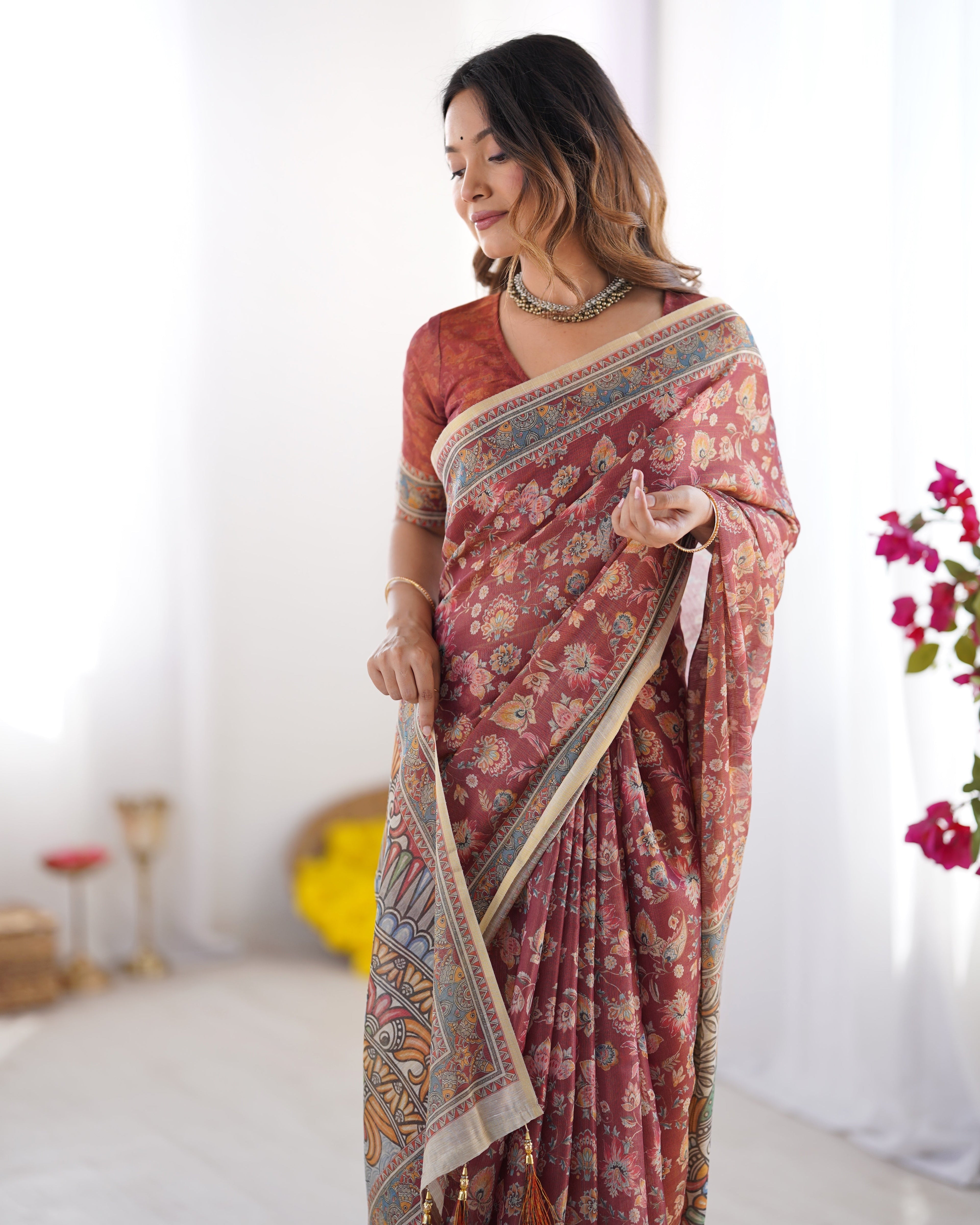 Rust Maroon Handloom Cotton Saree with Floral Jaal & Multicolor Mandala Pallu Art LINEN HANDLOOM
