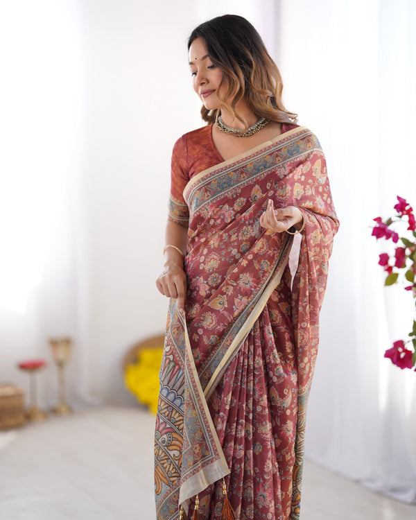 Rust Maroon Handloom Cotton Saree with Floral Jaal & Multicolor Mandala Pallu Art LINEN HANDLOOM