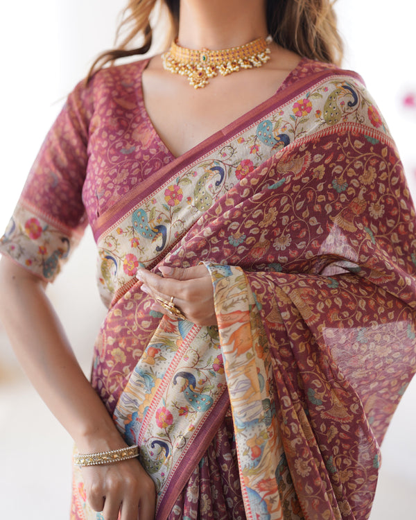 Maroon Handloom Cotton Saree with All-Over Floral Print & Multicolor Royal Procession Pallu LINEN HANDLOOM