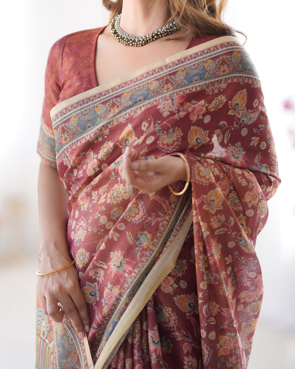 Rust Maroon Handloom Cotton Saree with Floral Jaal & Multicolor Mandala Pallu Art LINEN HANDLOOM
