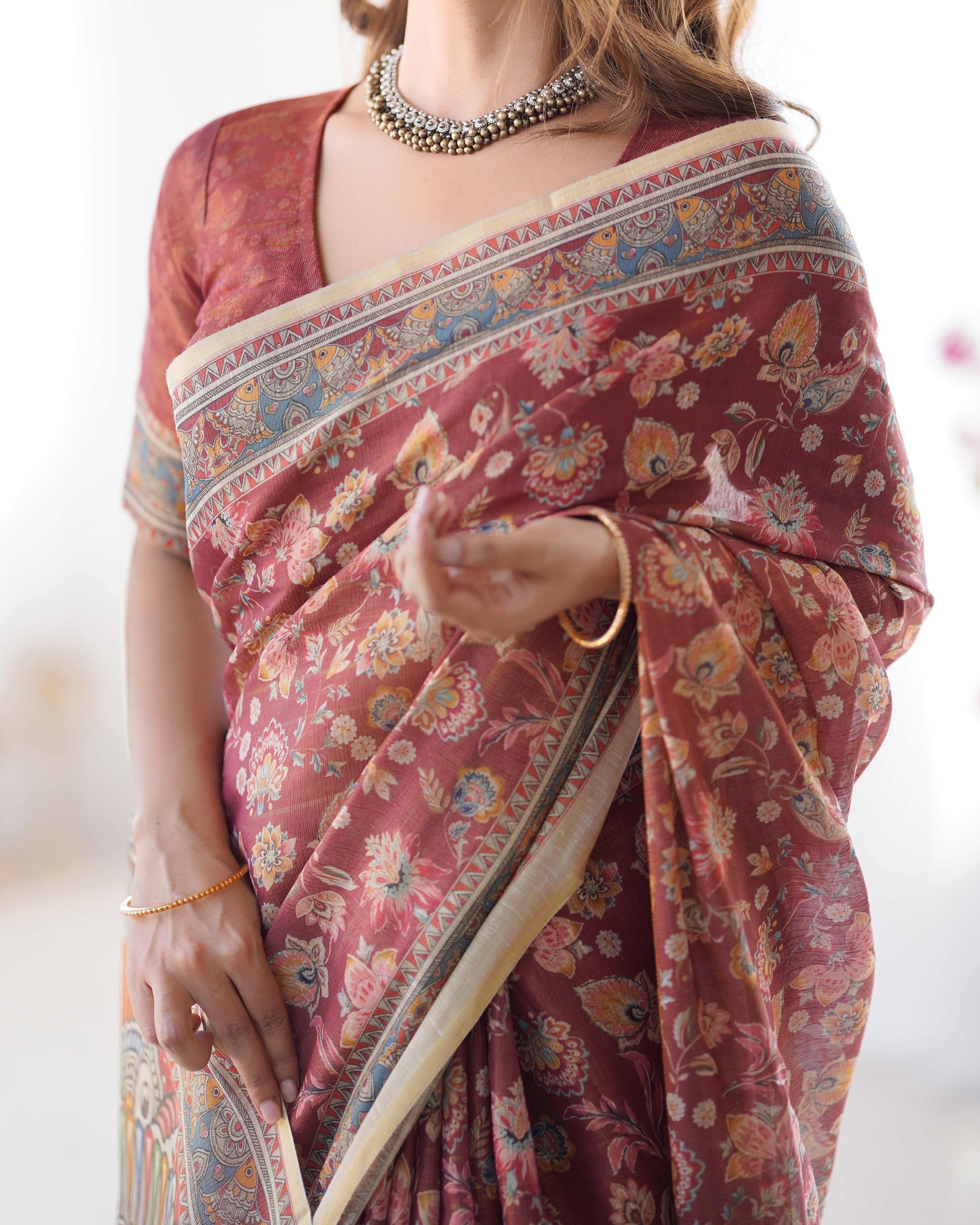 Rust Maroon Handloom Cotton Saree with Floral Jaal & Multicolor Mandala Pallu Art LINEN HANDLOOM