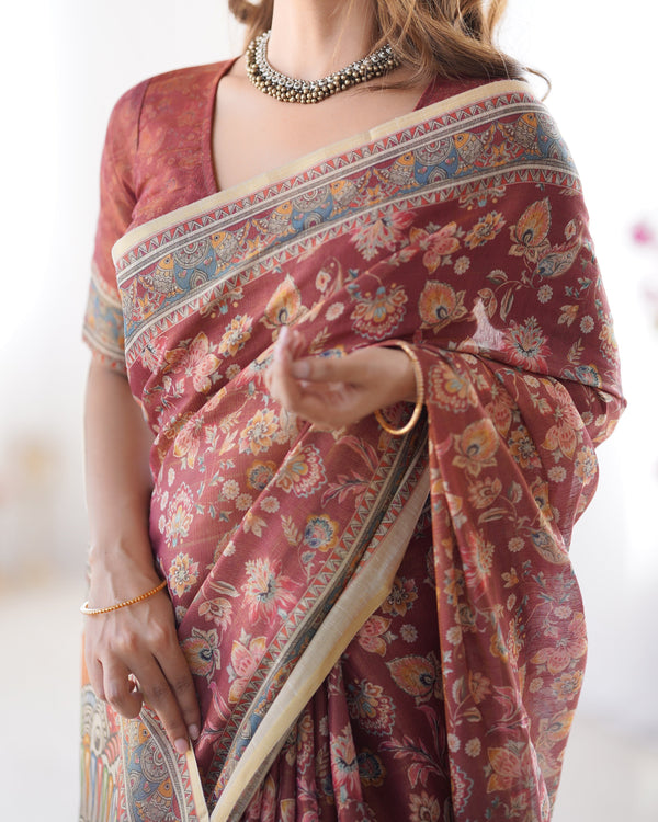 Rust Maroon Handloom Cotton Saree with Floral Jaal & Multicolor Mandala Pallu Art LINEN HANDLOOM