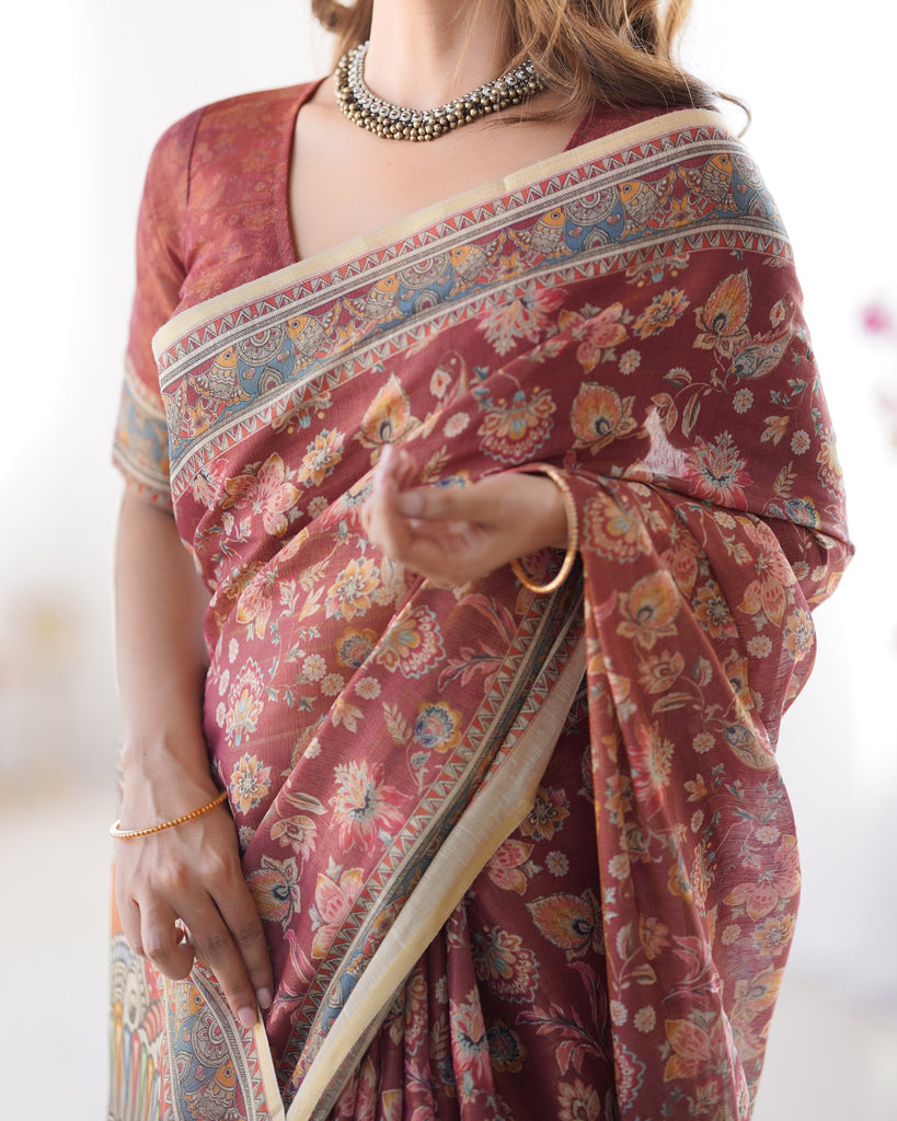 Rust Maroon Handloom Cotton Saree with Floral Jaal & Multicolor Mandala Pallu Art LINEN HANDLOOM