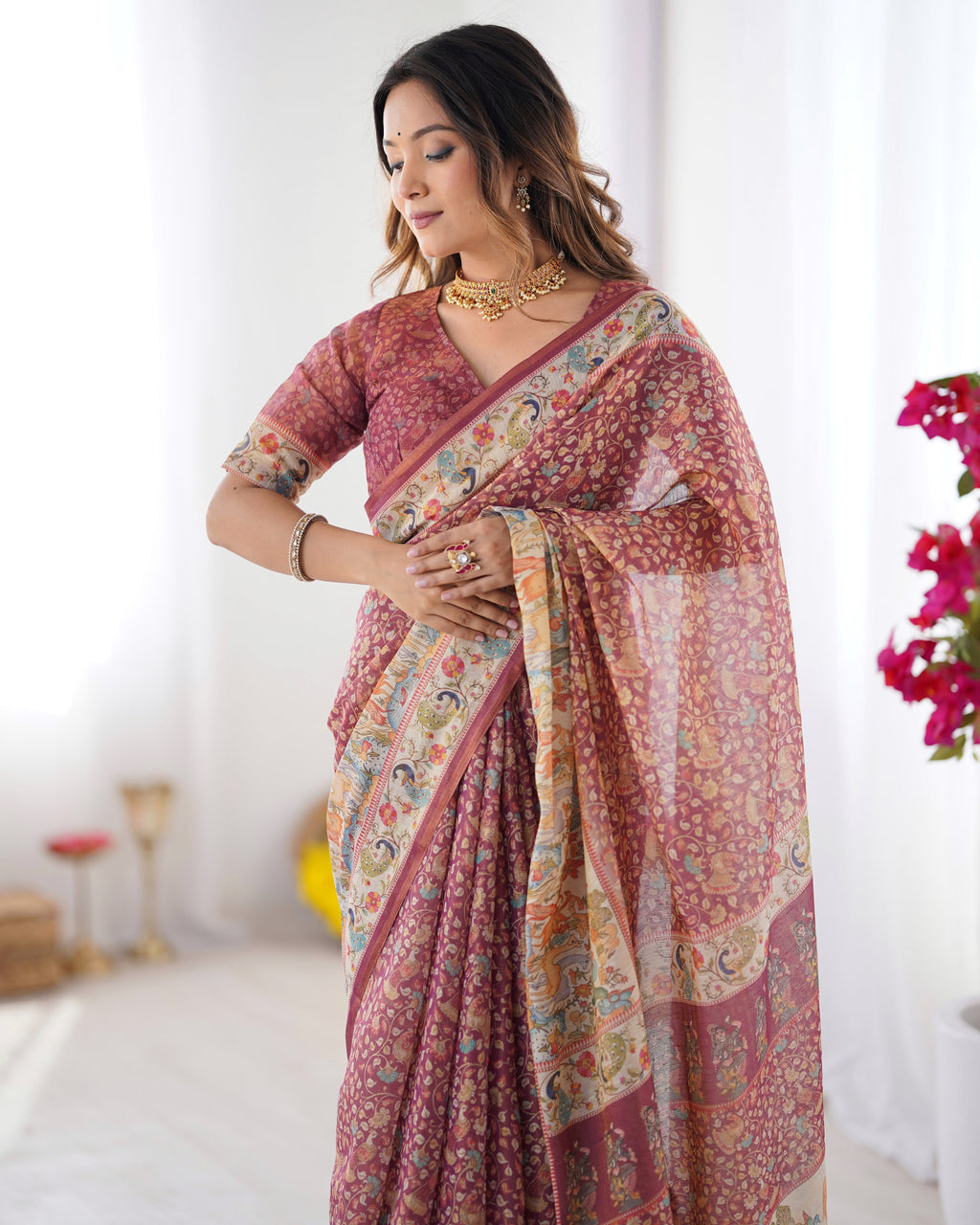 Maroon Handloom Cotton Saree with All-Over Floral Print & Multicolor Royal Procession Pallu LINEN HANDLOOM