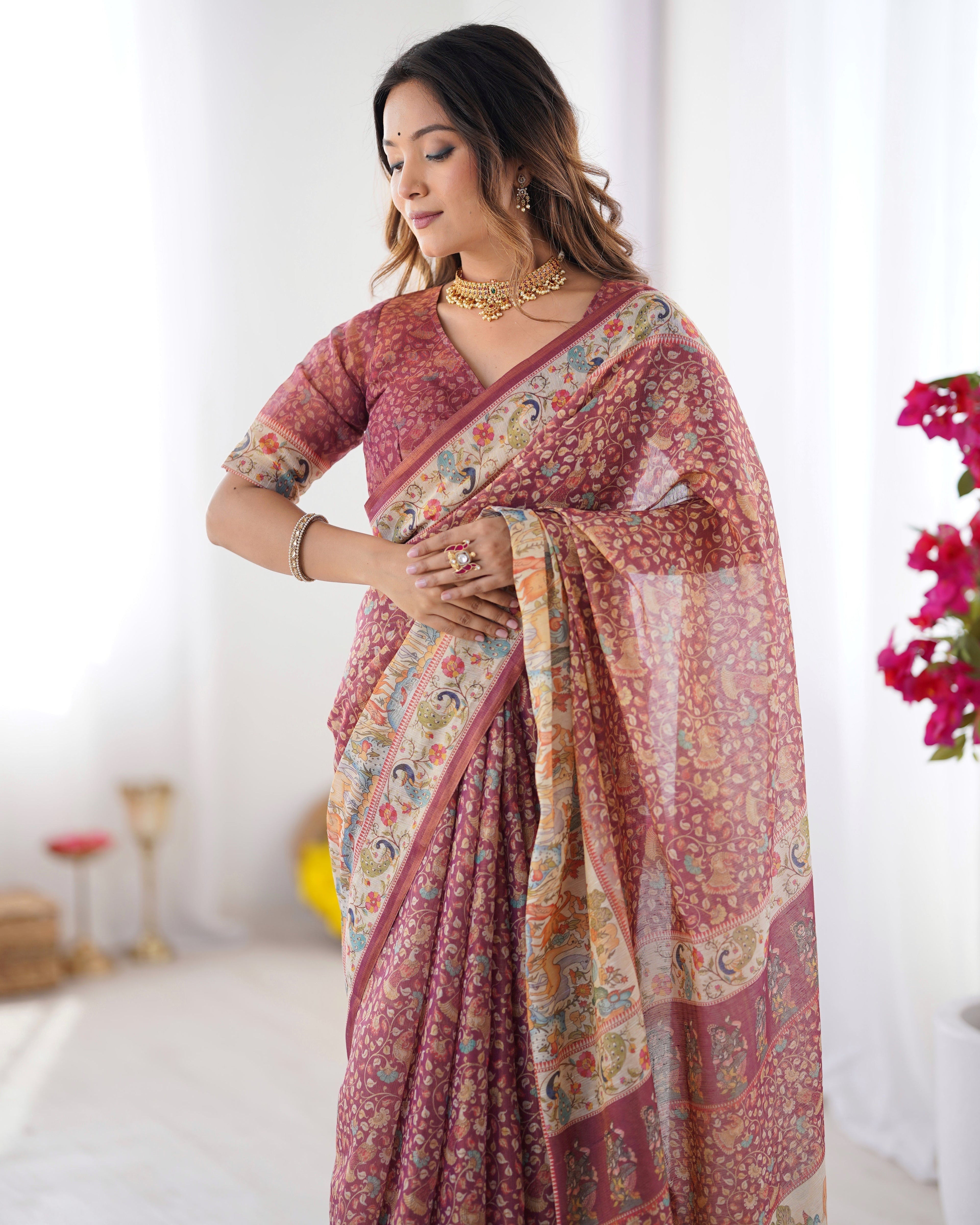 Maroon Handloom Cotton Saree with All-Over Floral Print & Multicolor Royal Procession Pallu LINEN HANDLOOM