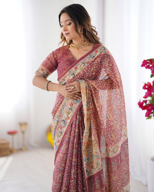 Maroon Handloom Cotton Saree with All-Over Floral Print & Multicolor Royal Procession Pallu LINEN HANDLOOM