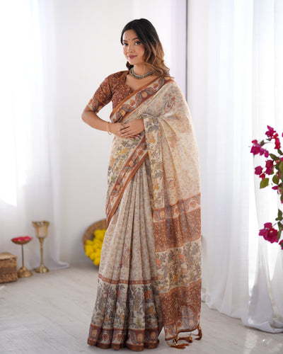Elegant Beige & Brown Pure Linen Cotton Handloom Saree with Animal Motifs and Floral Prints LINEN HANDLOOM