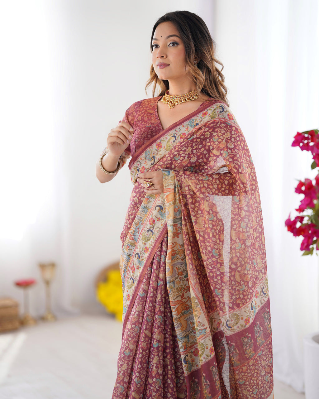 Maroon Handloom Cotton Saree with All-Over Floral Print & Multicolor Royal Procession Pallu LINEN HANDLOOM