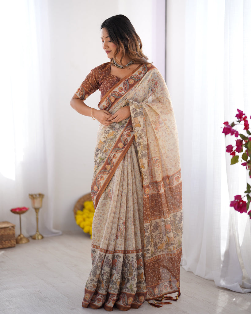 Elegant Beige & Brown Pure Linen Cotton Handloom Saree with Animal Motifs and Floral Prints LINEN HANDLOOM