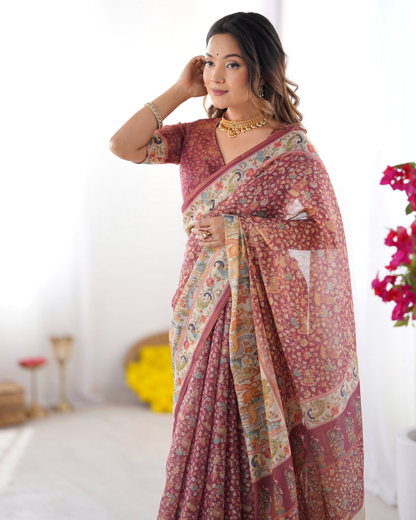 Maroon Handloom Cotton Saree with All-Over Floral Print & Multicolor Royal Procession Pallu LINEN HANDLOOM