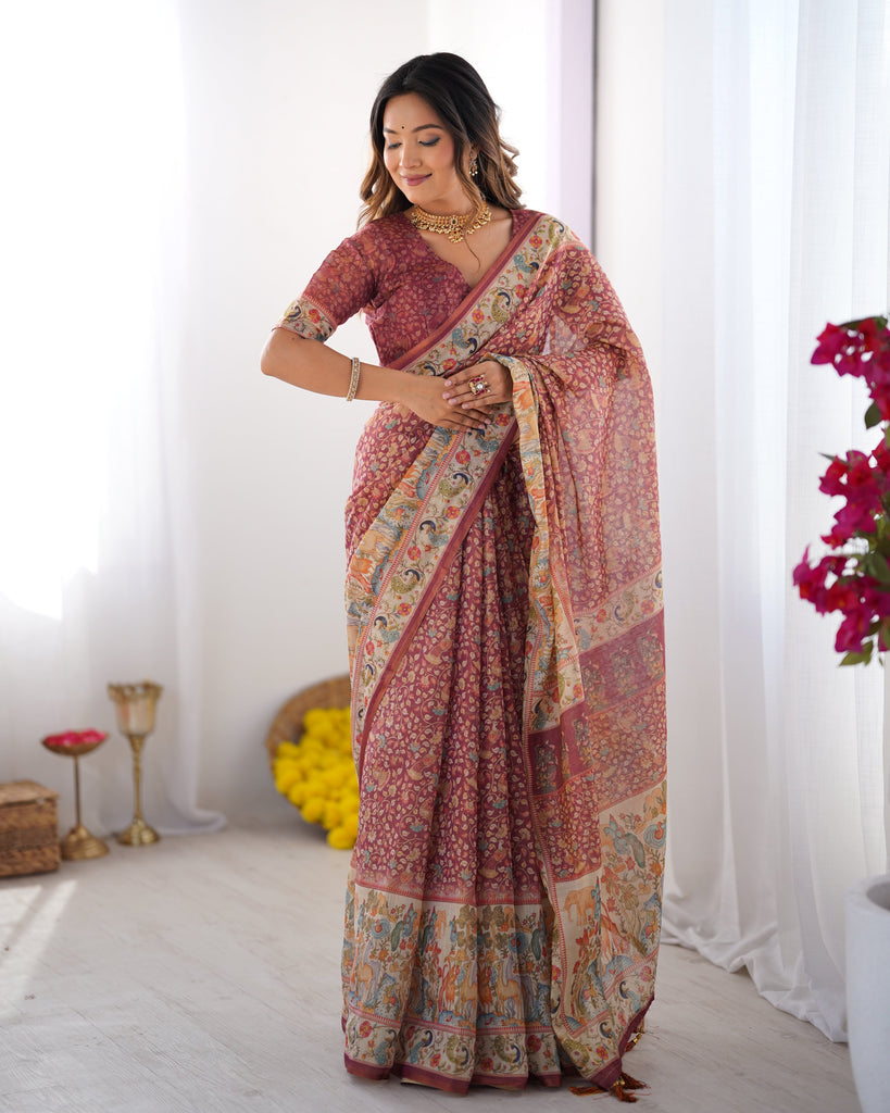 Maroon Handloom Cotton Saree with All-Over Floral Print & Multicolor Royal Procession Pallu LINEN HANDLOOM