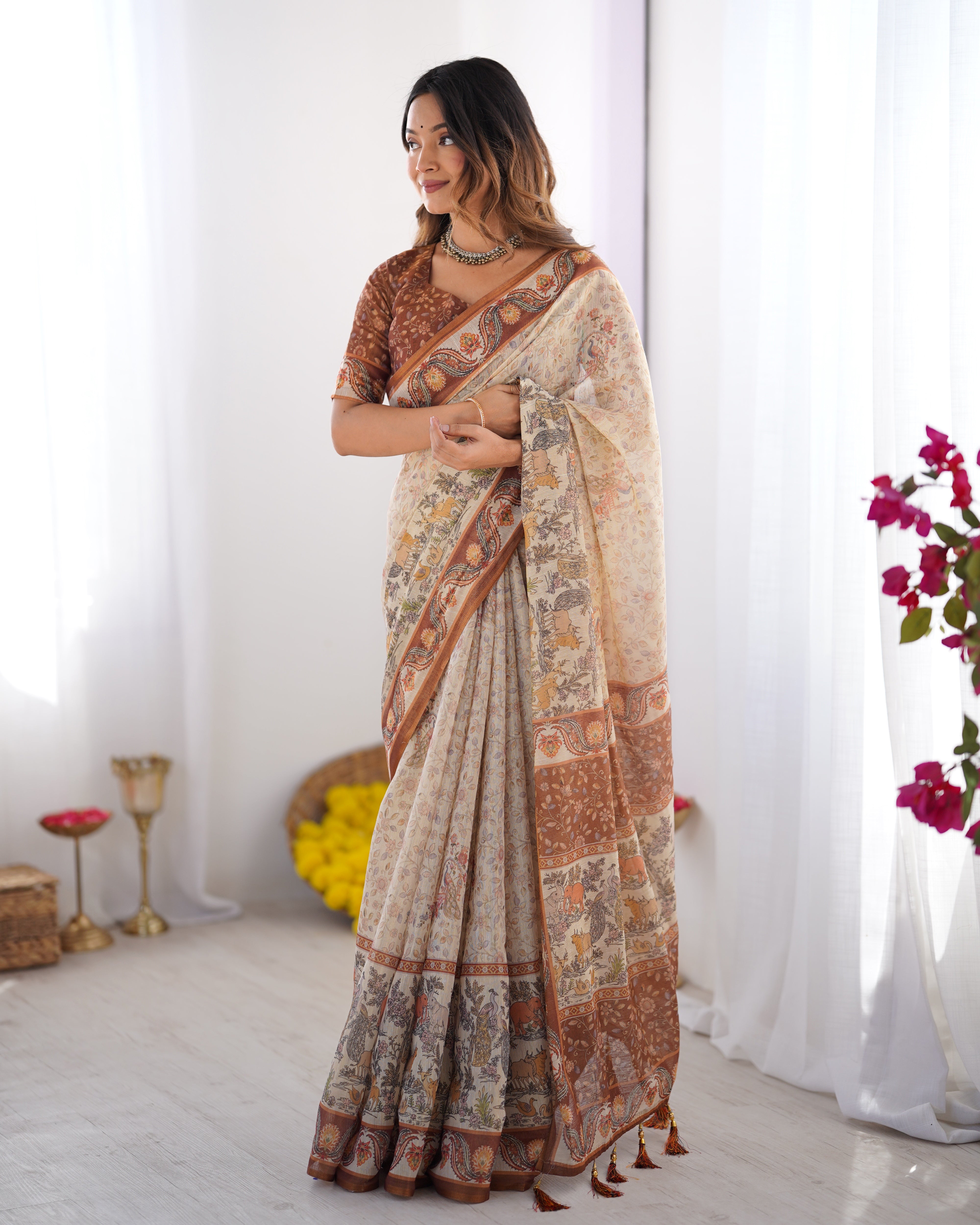 Elegant Beige & Brown Pure Linen Cotton Handloom Saree with Animal Motifs and Floral Prints Secondary image