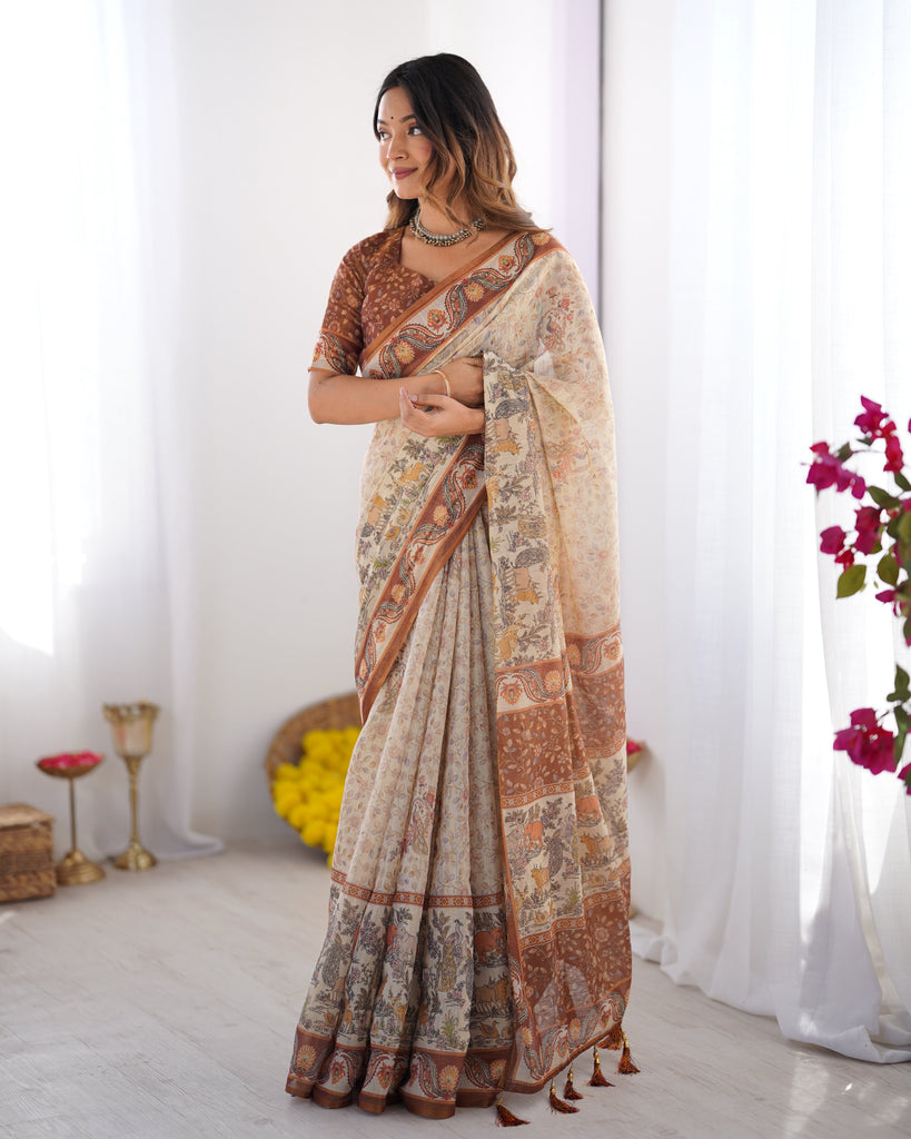 Elegant Beige & Brown Pure Linen Cotton Handloom Saree with Animal Motifs and Floral Prints LINEN HANDLOOM
