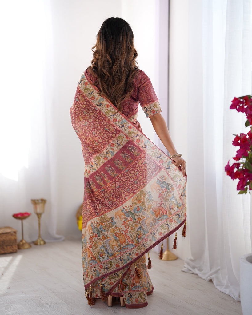 Maroon Handloom Cotton Saree with All-Over Floral Print & Multicolor Royal Procession Pallu LINEN HANDLOOM