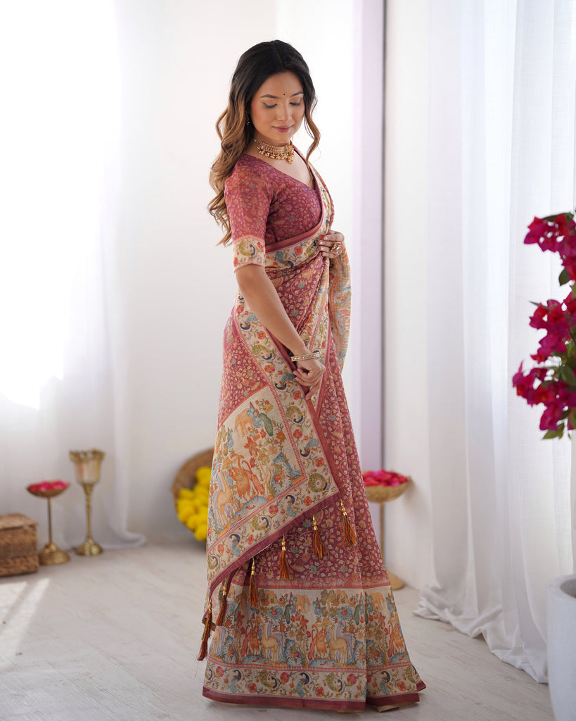 Maroon Handloom Cotton Saree with All-Over Floral Print & Multicolor Royal Procession Pallu LINEN HANDLOOM