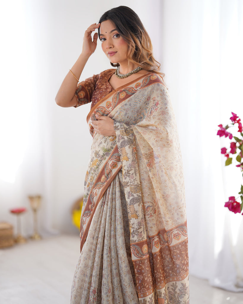 Elegant Beige & Brown Pure Linen Cotton Handloom Saree with Animal Motifs and Floral Prints LINEN HANDLOOM
