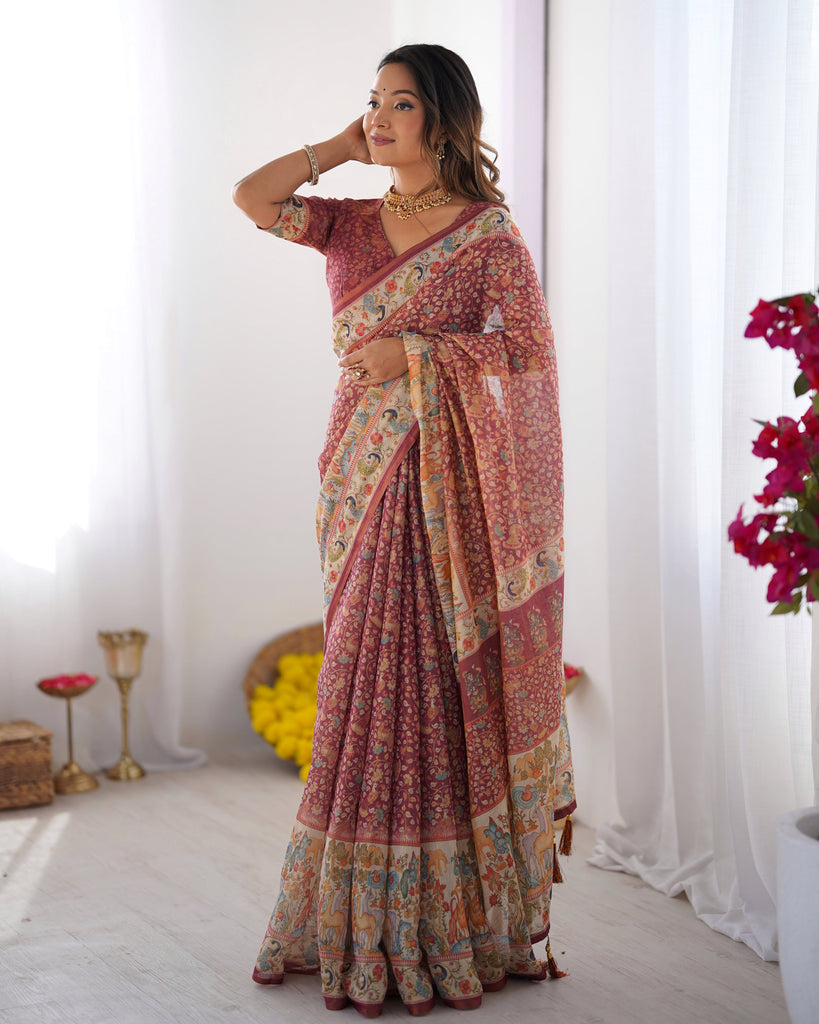 Maroon Handloom Cotton Saree with All-Over Floral Print & Multicolor Royal Procession Pallu LINEN HANDLOOM