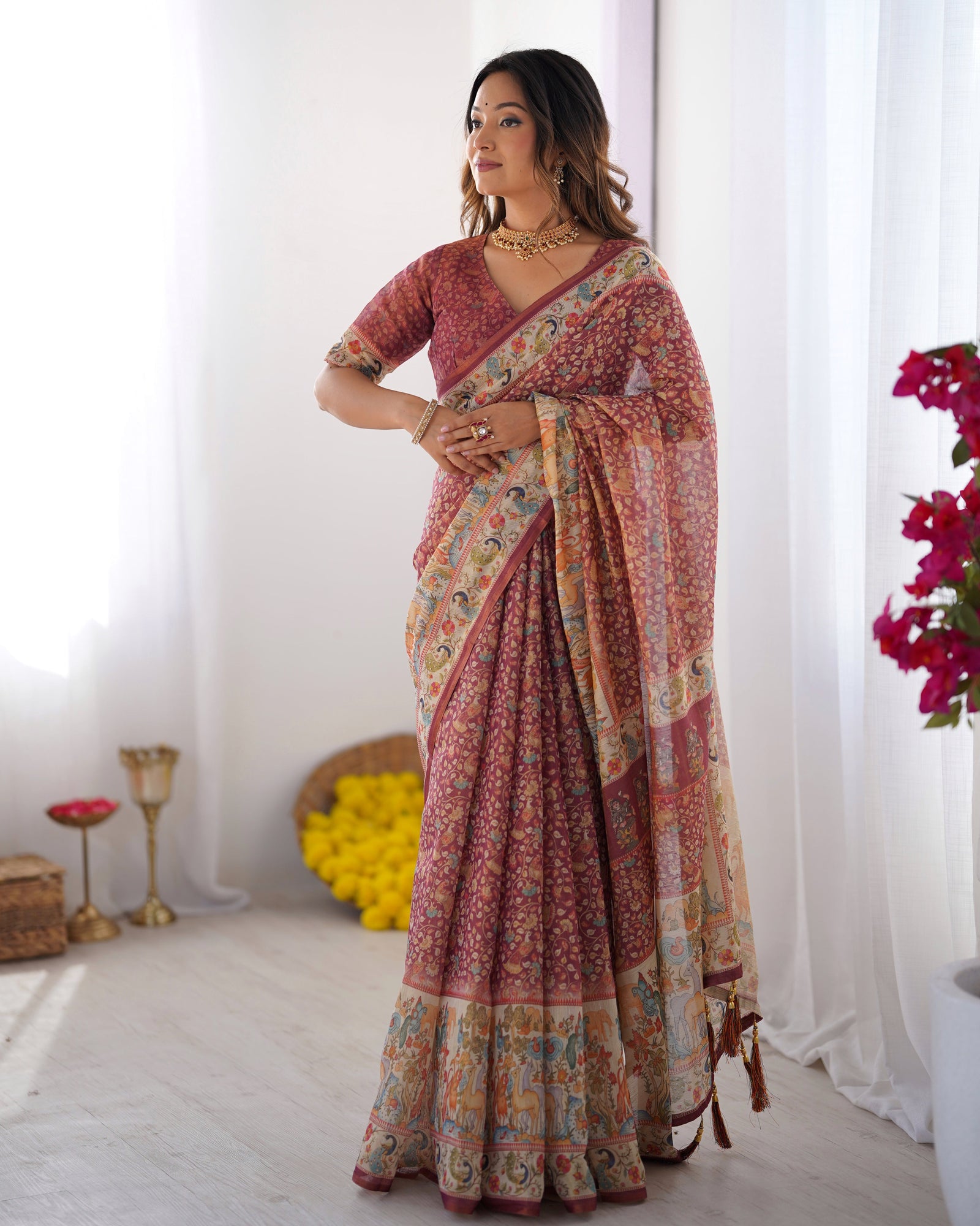 Maroon Handloom Cotton Saree with All-Over Floral Print & Multicolor Royal Procession Pallu LINEN HANDLOOM