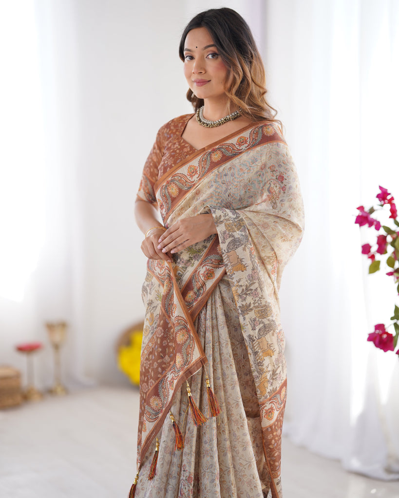 Elegant Beige & Brown Pure Linen Cotton Handloom Saree with Animal Motifs and Floral Prints LINEN HANDLOOM