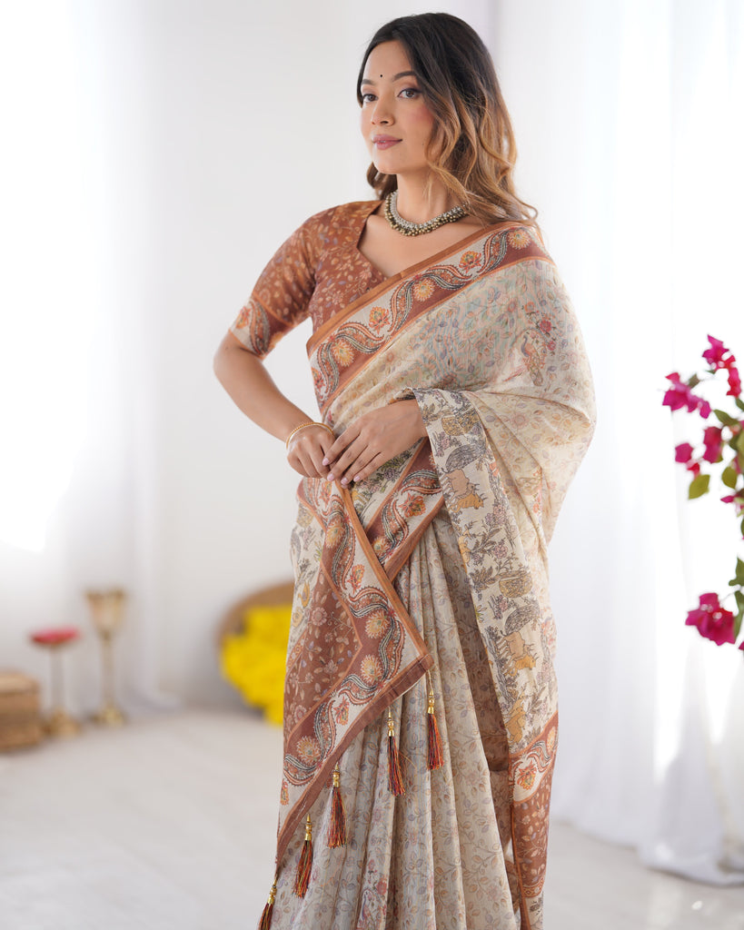Elegant Beige & Brown Pure Linen Cotton Handloom Saree with Animal Motifs and Floral Prints LINEN HANDLOOM