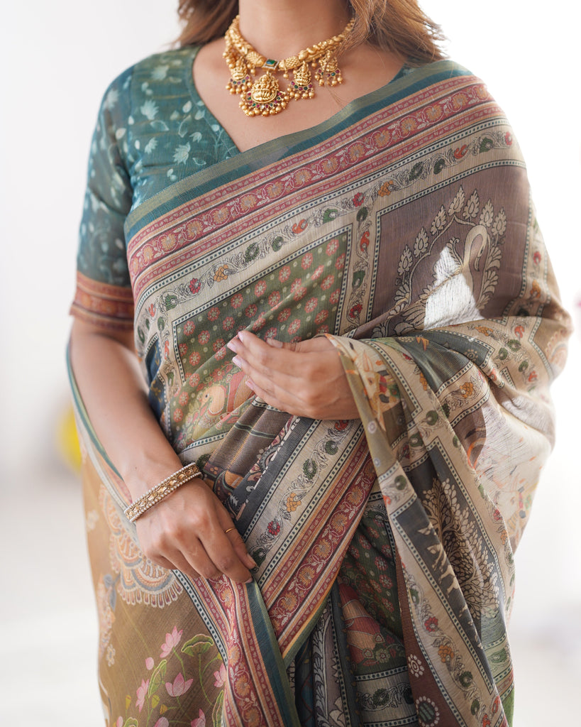 Teal Green & Brown Pure Linen Cotton Handloom Saree with Royal Cow & Tree Motif Pallu LINEN HANDLOOM