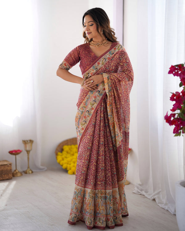 Maroon Handloom Cotton Saree with All-Over Floral Print & Multicolor Royal Procession Pallu LINEN HANDLOOM