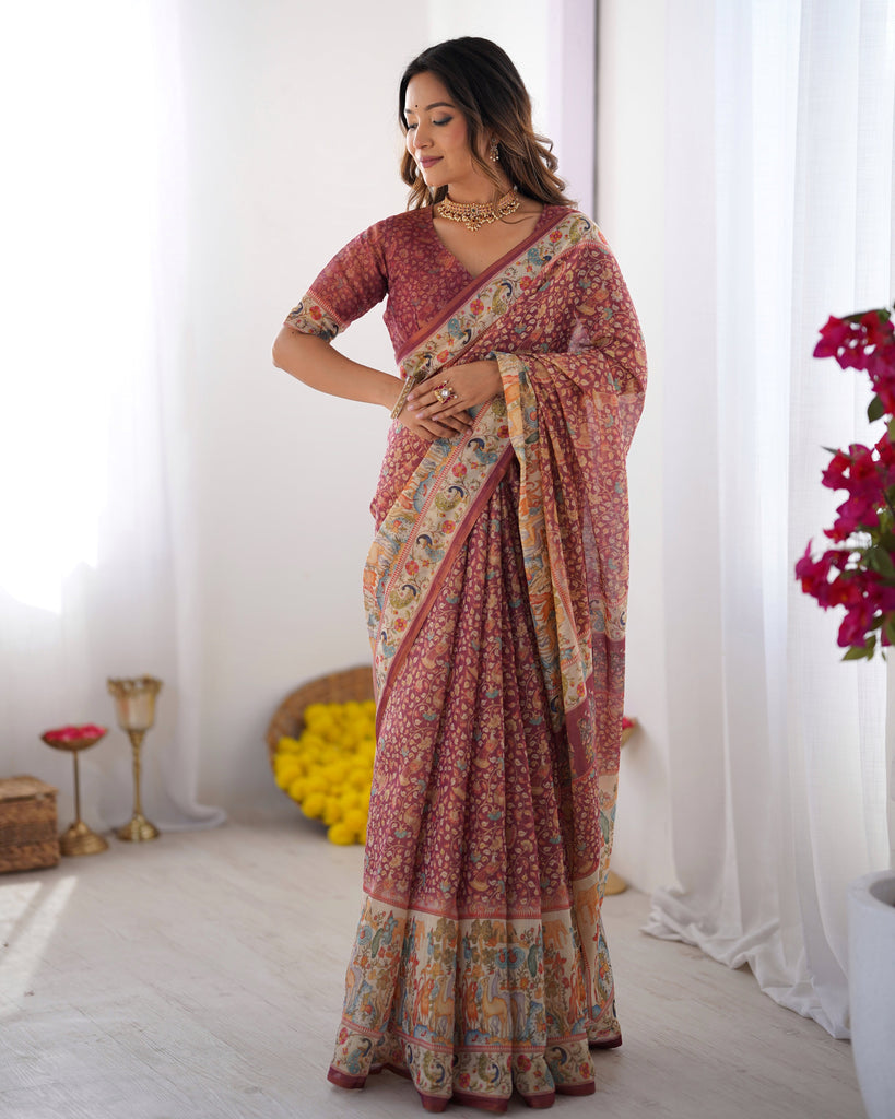 Maroon Handloom Cotton Saree with All-Over Floral Print & Multicolor Royal Procession Pallu LINEN HANDLOOM