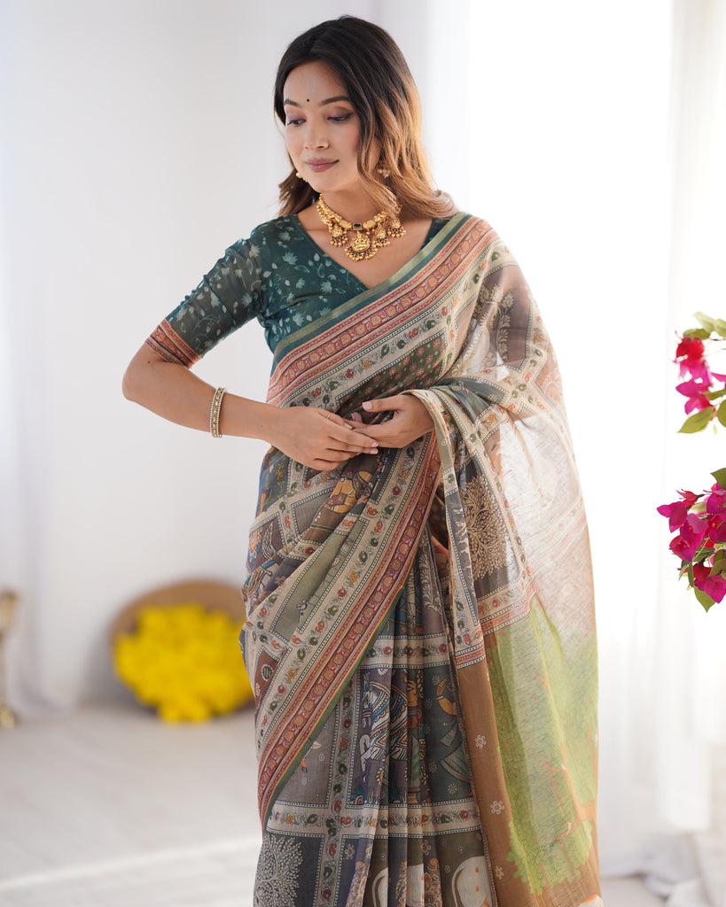 Teal Green & Brown Pure Linen Cotton Handloom Saree with Royal Cow & Tree Motif Pallu LINEN HANDLOOM