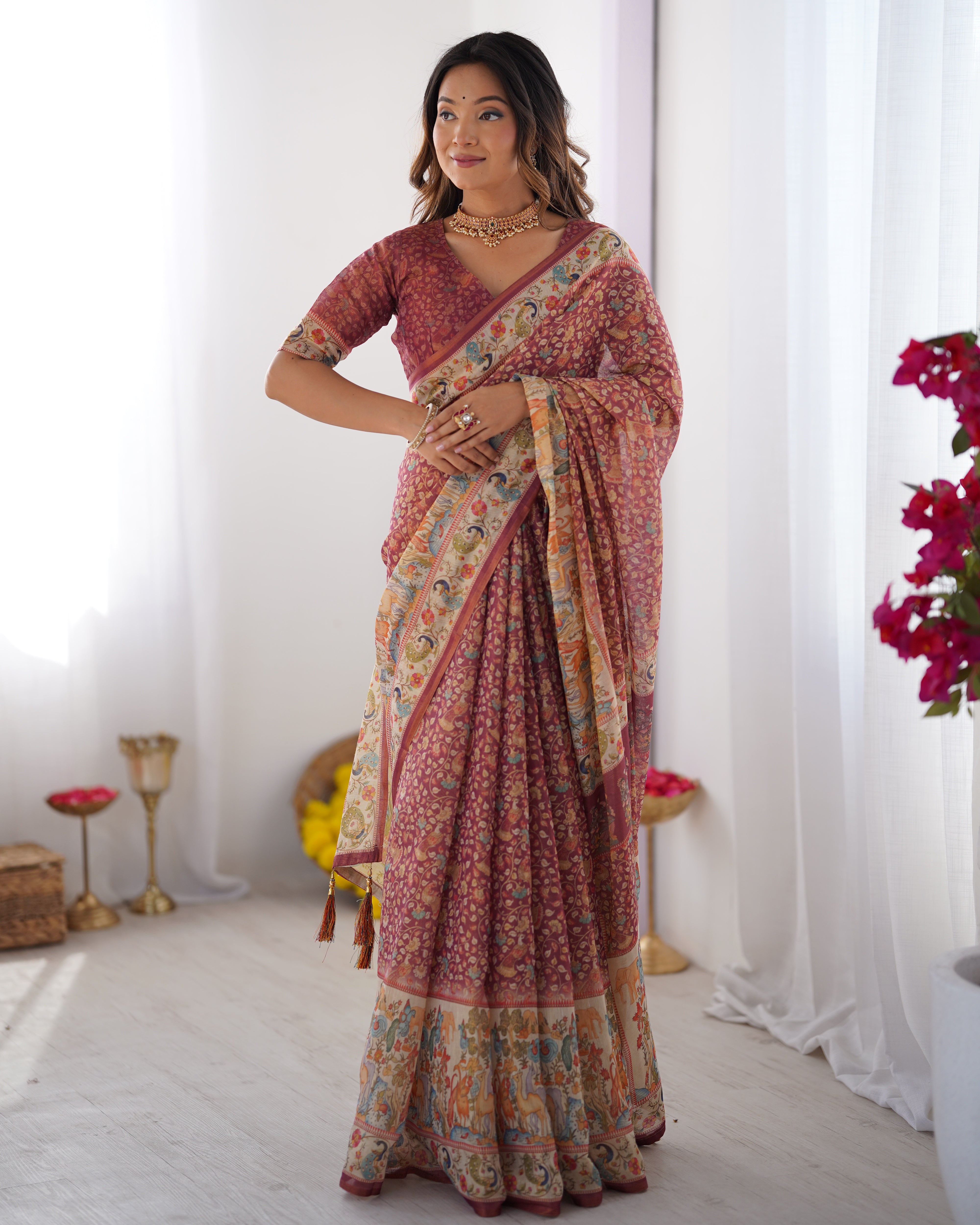 Maroon Handloom Cotton Saree with All-Over Floral Print & Multicolor Royal Procession Pallu Secondary image