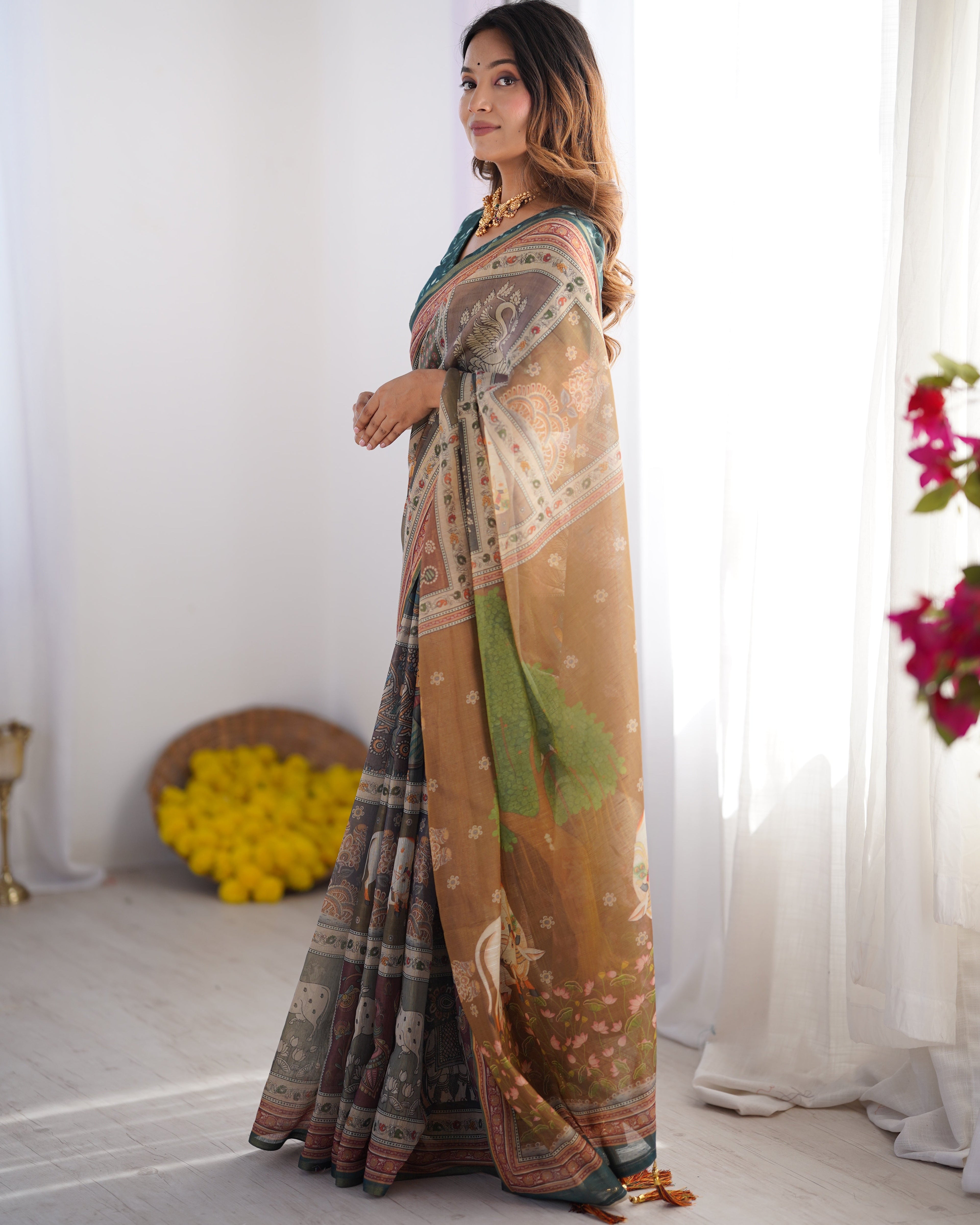 Teal Green & Brown Pure Linen Cotton Handloom Saree with Royal Cow & Tree Motif Pallu LINEN HANDLOOM